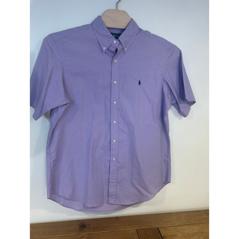 RALPH LAUREN Sz XL Cotton Purple Plaid Polo Chest Logo Short Sleeve Mens Shirt